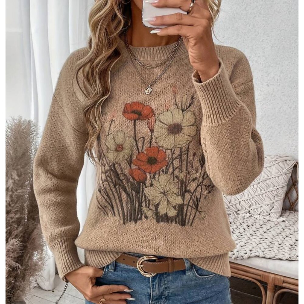 NEW! Beige Wildflower Soft Sweater (Matching Earrings w/ Purchase!)
